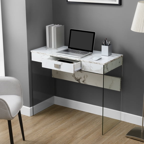 Convenience Concepts SoHo 30" Tall 1 Drawer Glass 36-inch Desk, White Faux Marble/Glass, All Ages