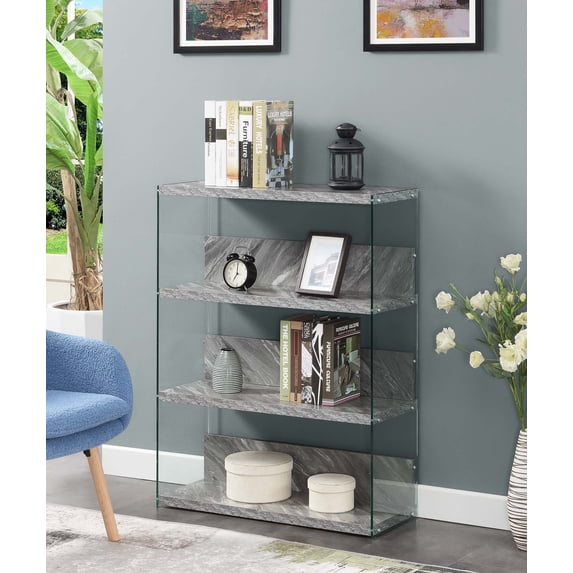 Convenience Concepts SoHo 4 Tier Glass Wide Bookcase, Gray Faux Marble/Glass
