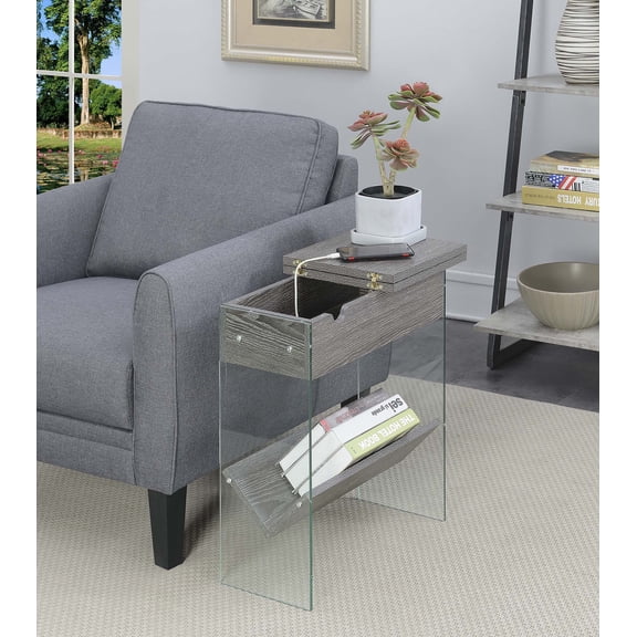 Convenience Concepts SoHo Flip Top Glass End Table with Charging Station and Shelf, Weathered Gray