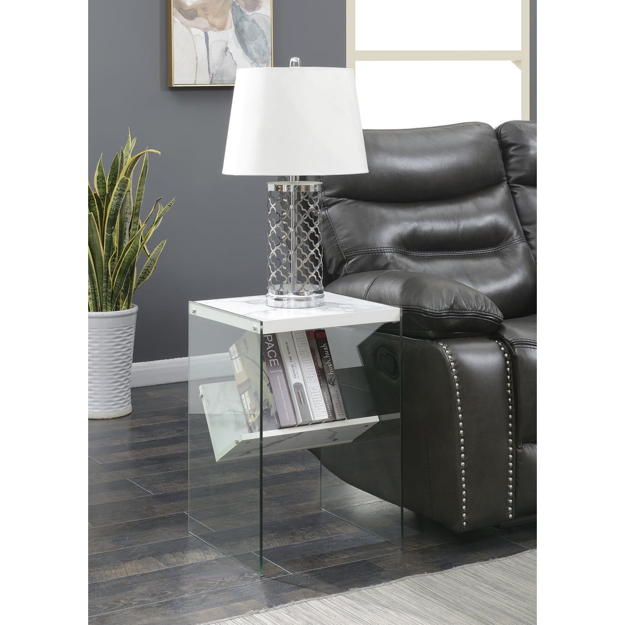 SoHo Chic White Faux Marble and Glass Rectangular End Table