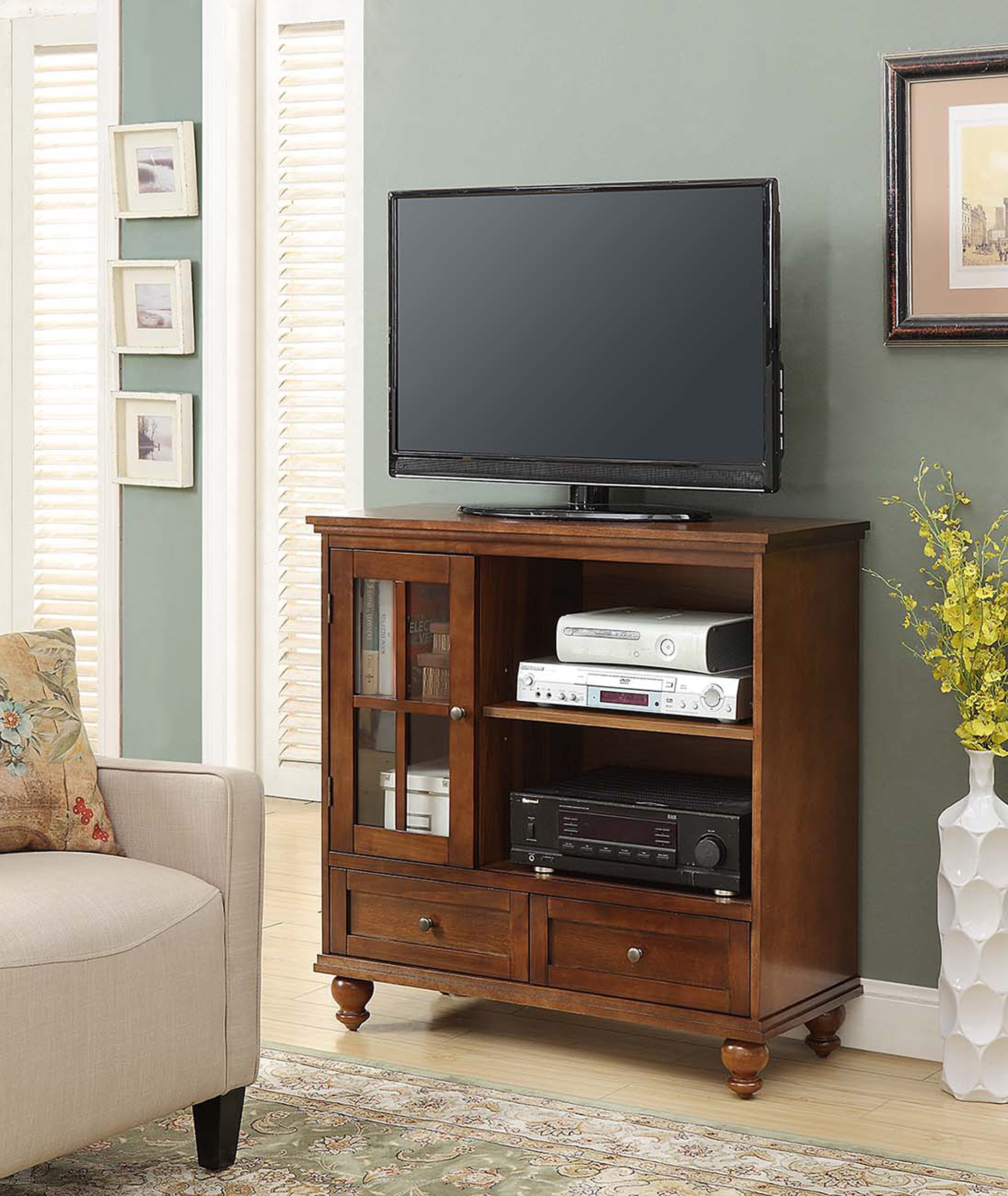 Espresso Highboy TV Stand with Tempered Glass Cabinet and Antique Brass Knobs