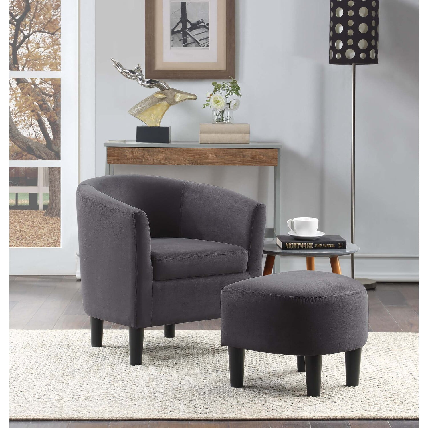 Cozy Churchill Dark Gray Microfiber Barrel Accent Chair & Ottoman