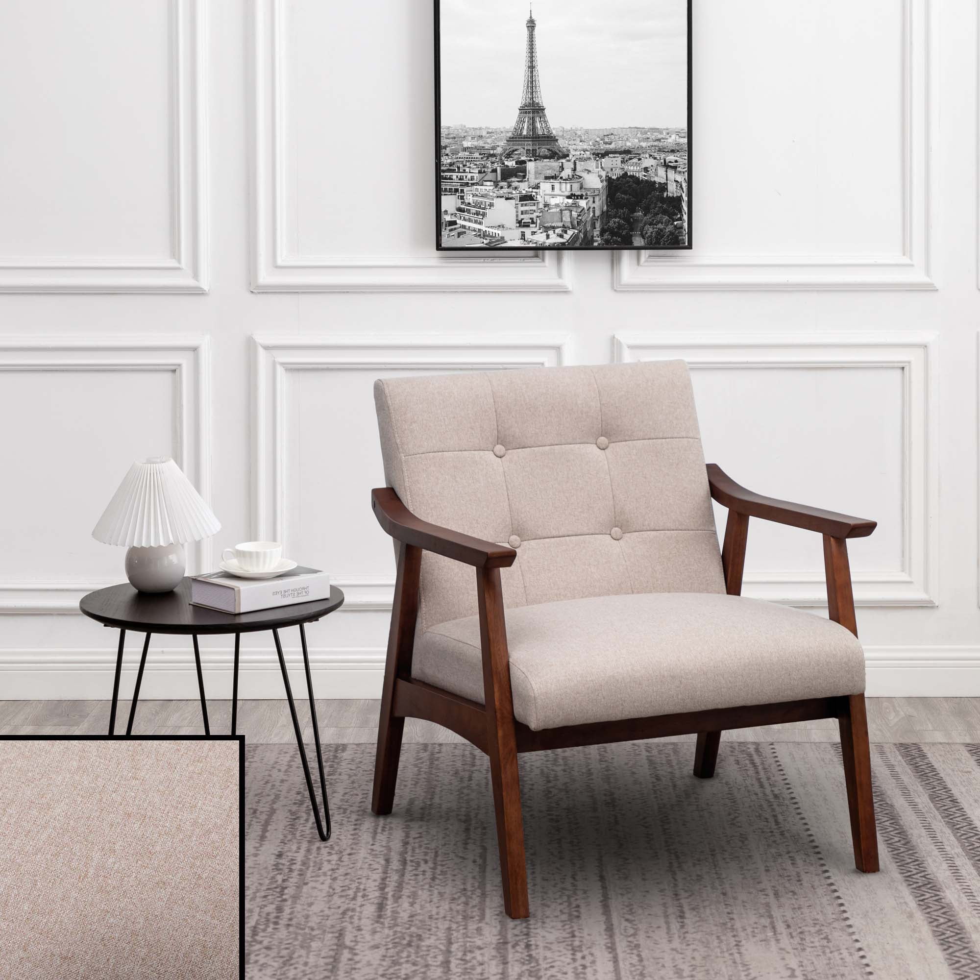 Sandy Beige Fabric Espresso Wood Accent Chair