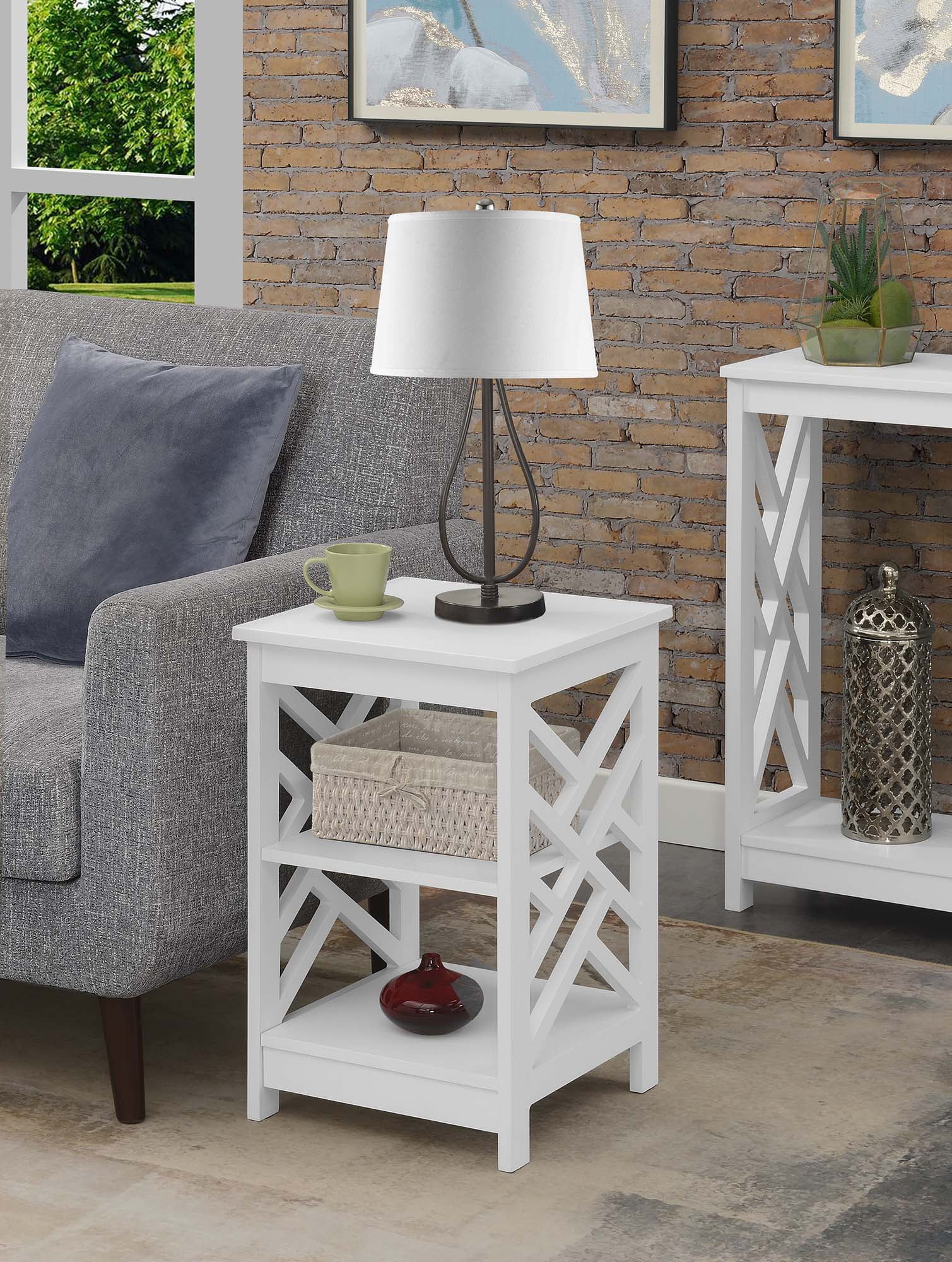 Sleek White MDF Titan Geometric End Table with Storage Shelves