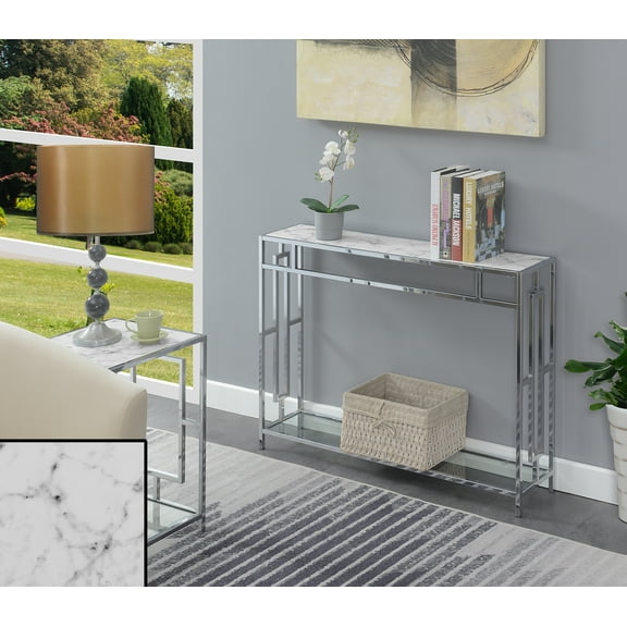 Convenience Concepts Town Square Chrome Console Table, Faux White Marble/Chrome Frame