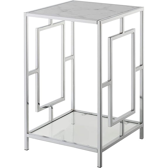 Convenience Concepts Town Square Chrome End Table, Faux White Marble/Chrome Frame
