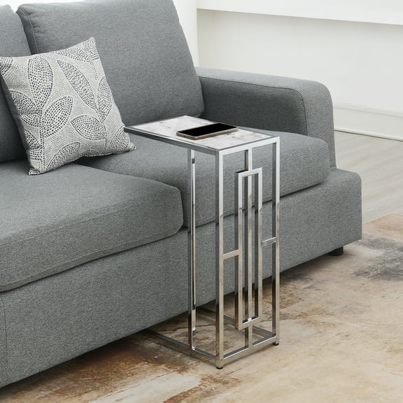 Convenience Concepts Town Square Chrome Faux Marble C End Table in White Marble & Chrome Frame