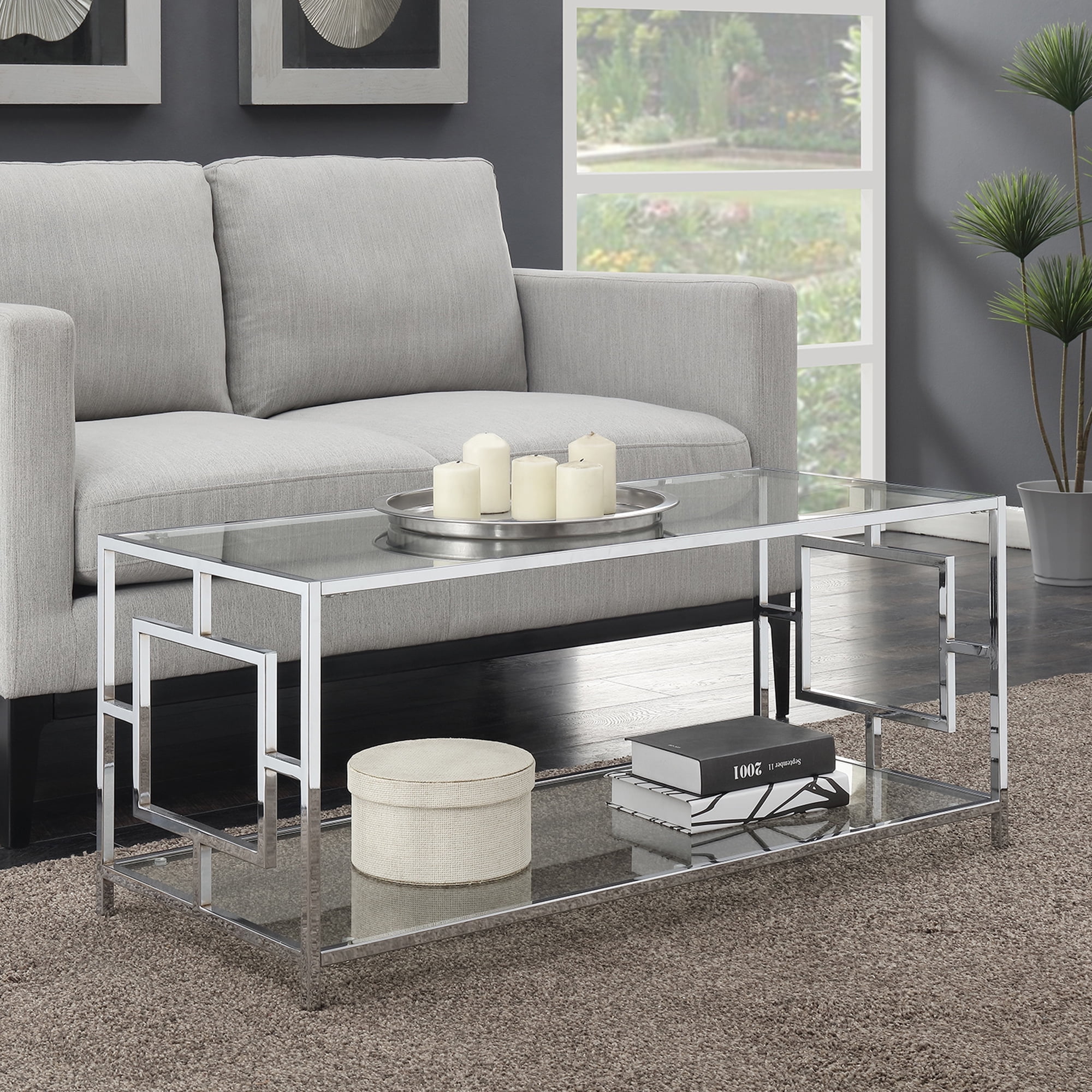 Town Square Chrome and Glass Coffee Table with Two Shelves