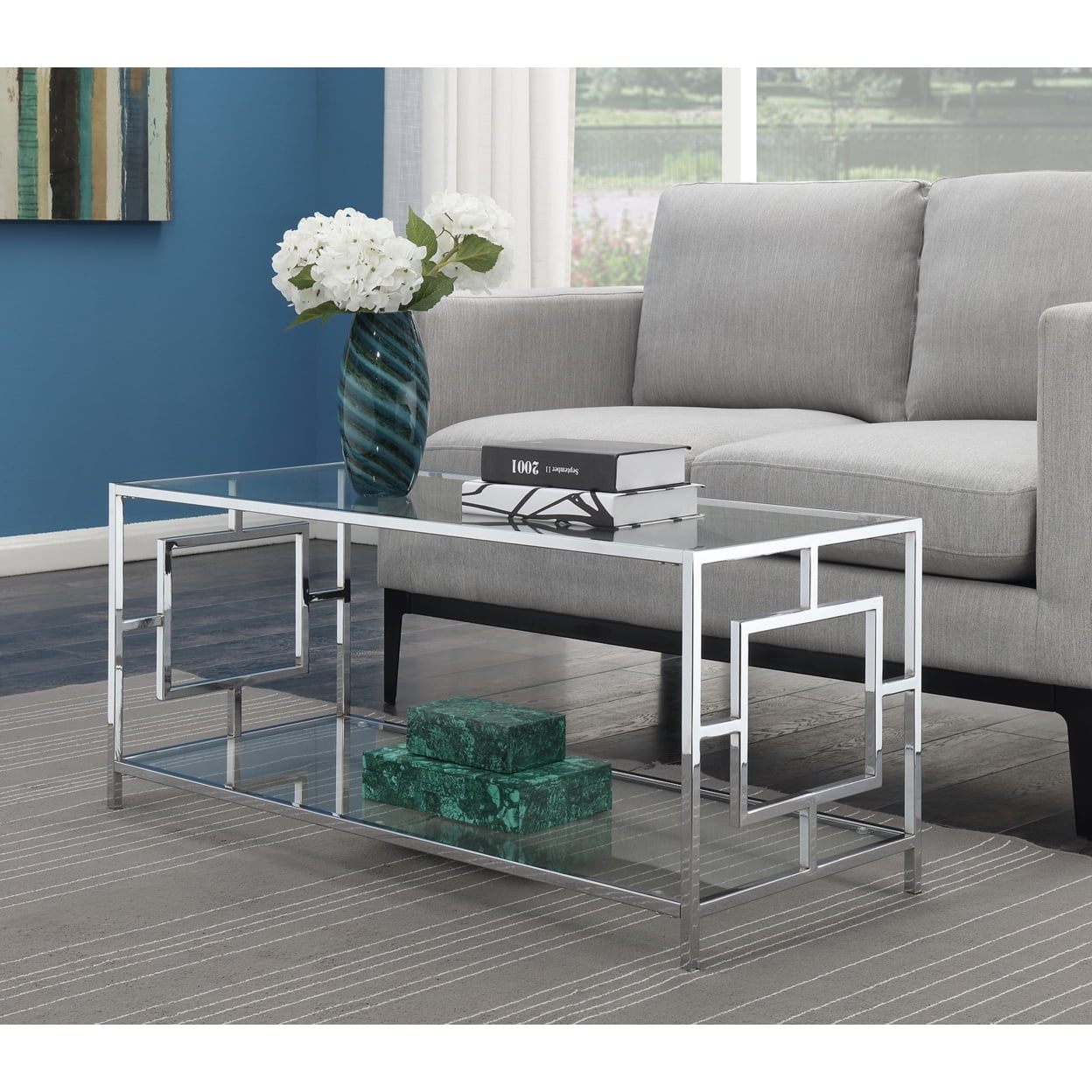 Town Square Chrome and Glass Coffee Table with Two Shelves