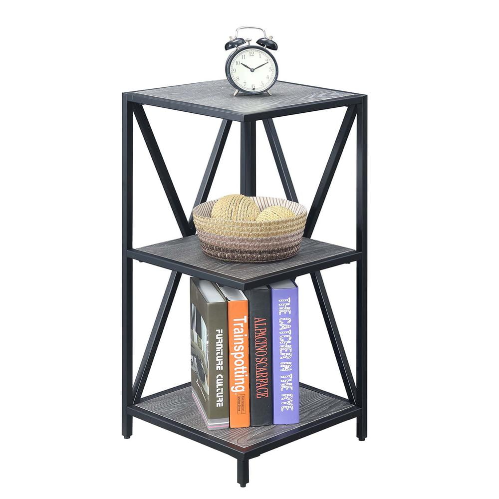 Weathered Gray and Black Wood 3-Tier Corner Bookshelf