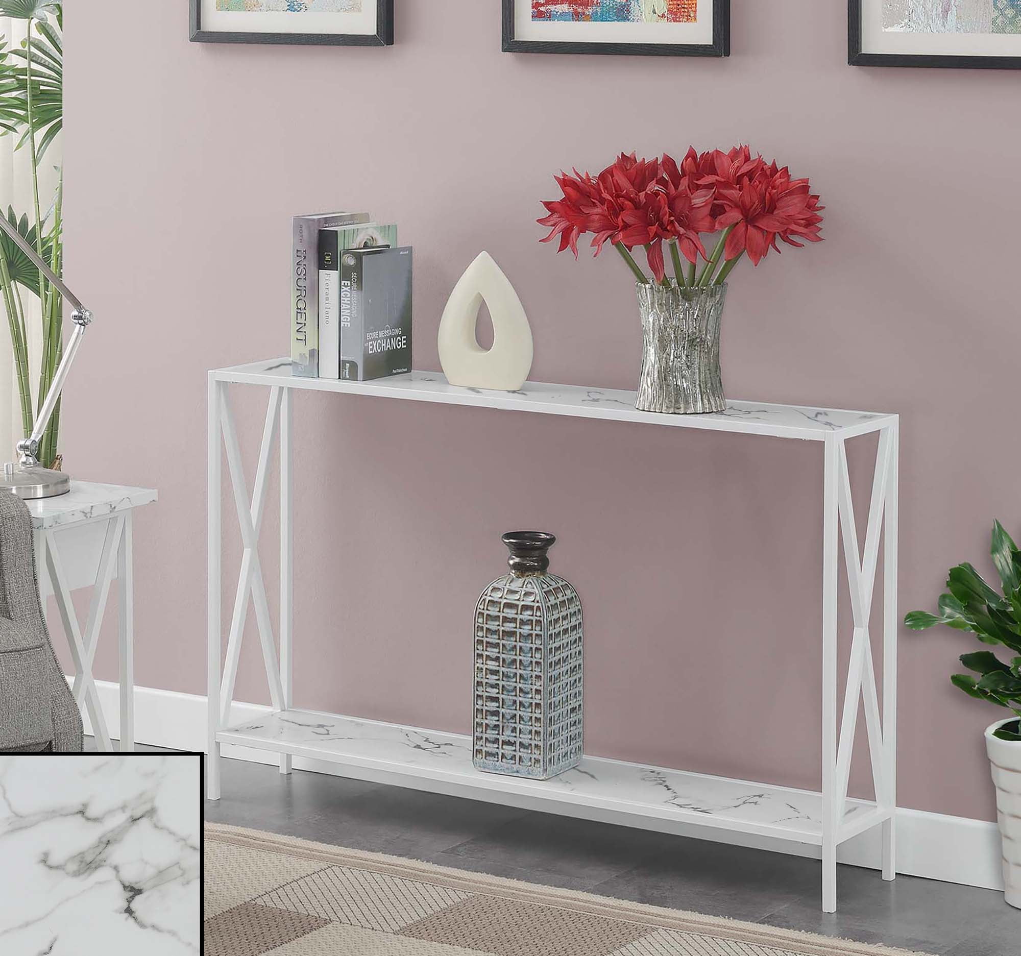 Convenience Concepts Tucson Console Table with Shelf, White Faux Marble