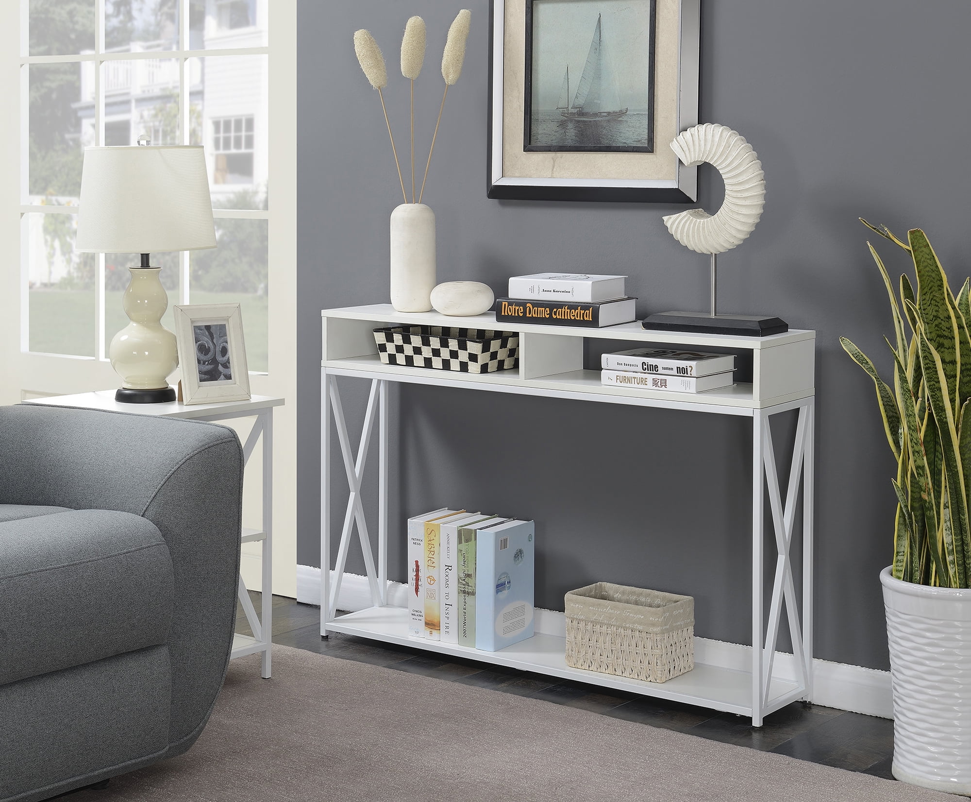 Tucson Deluxe 2-Tier White Metal & Wood Console Table with Storage