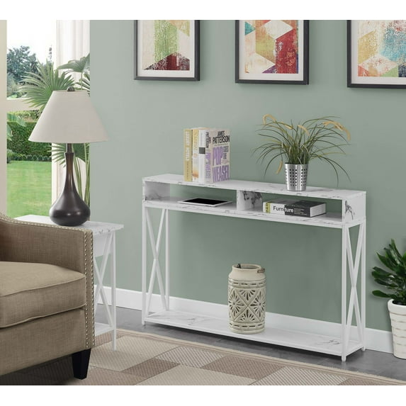Convenience Concepts Tucson Deluxe Console Table with Shelf, hite Faux Marble/White