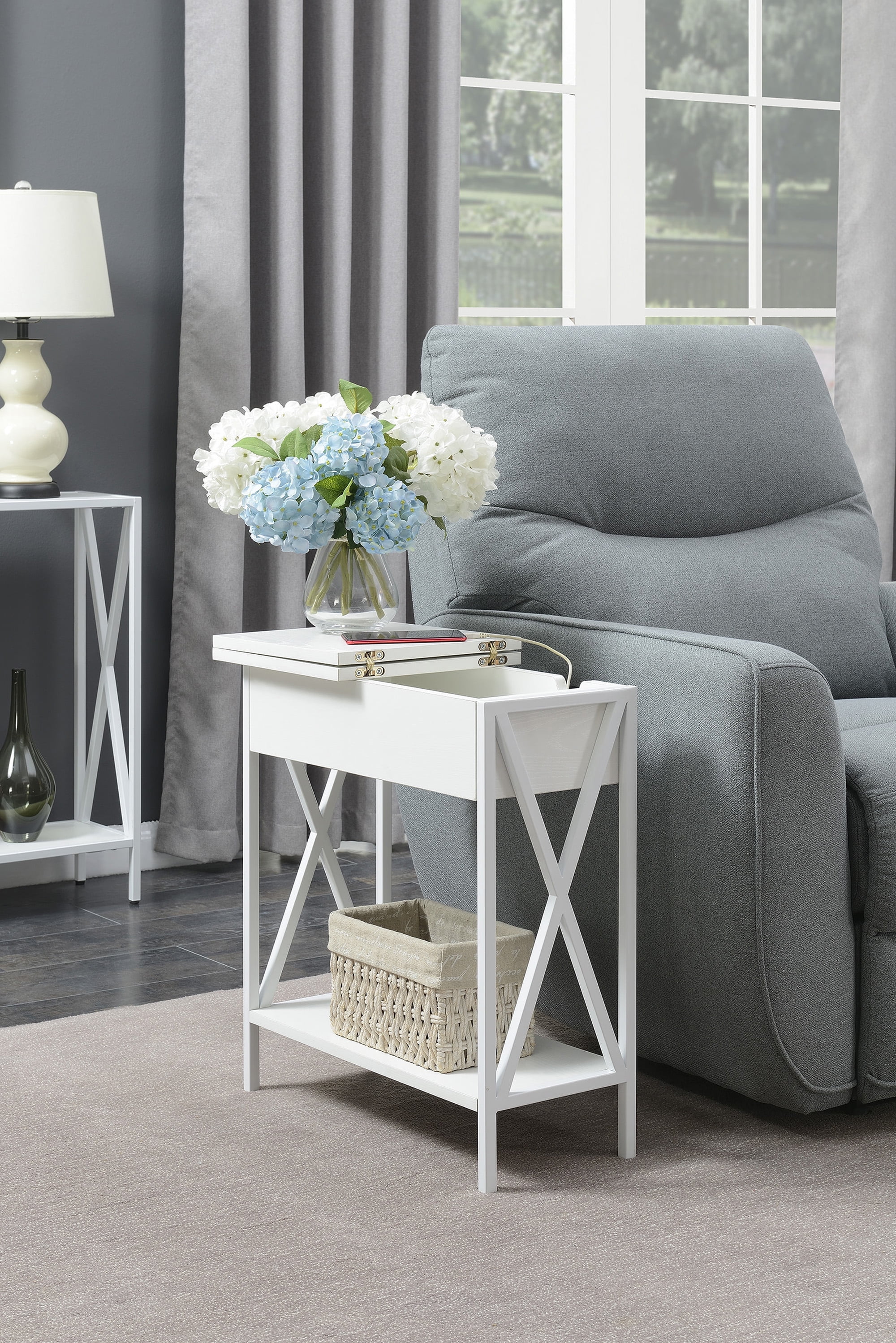 White Wood Flip-Top End Table with Charging Station