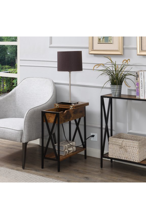Tucson Flip Top End Table with Charging Station and Shelf, Barnwood/Black