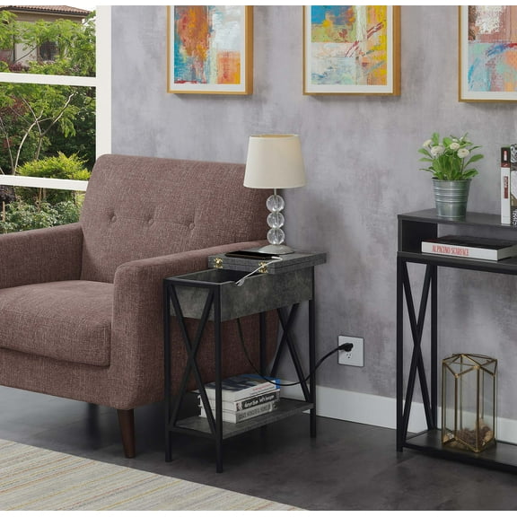 Convenience Concepts Tucson Flip Top End Table with Charging Station and Shelf, Cement/Black