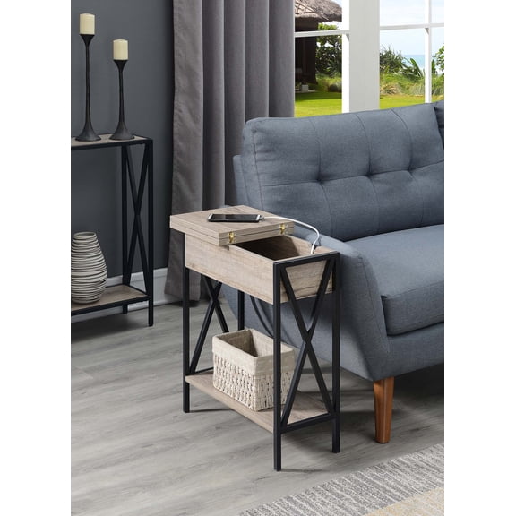 Convenience Concepts Tucson Flip Top End Table with Charging Station and Shelf, Sandstone/Black