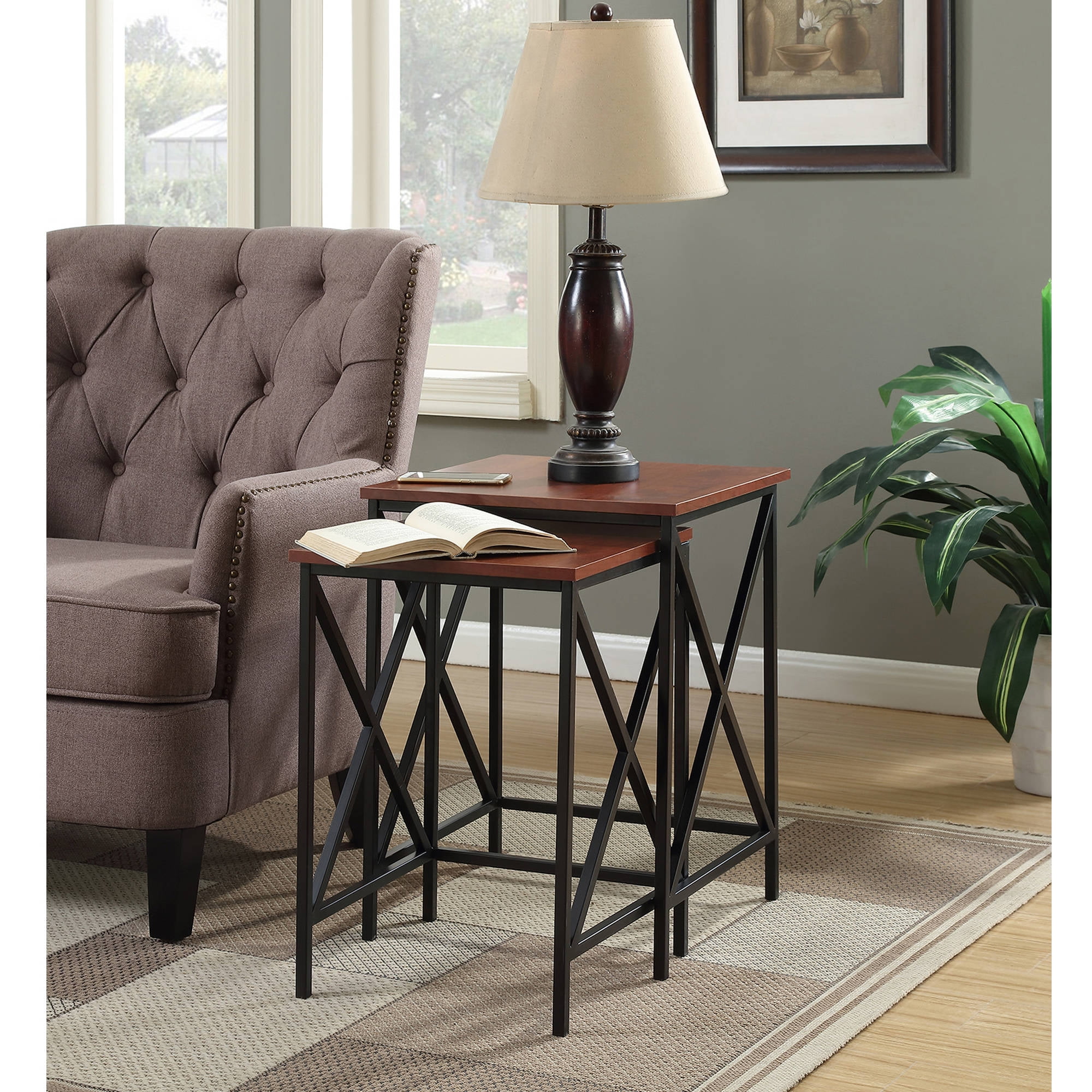 Tucson Cherry & Black Wood Square Nesting End Tables Set