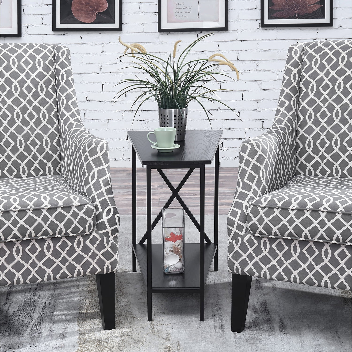 Black Triangular Wood and Metal Wedge End Table