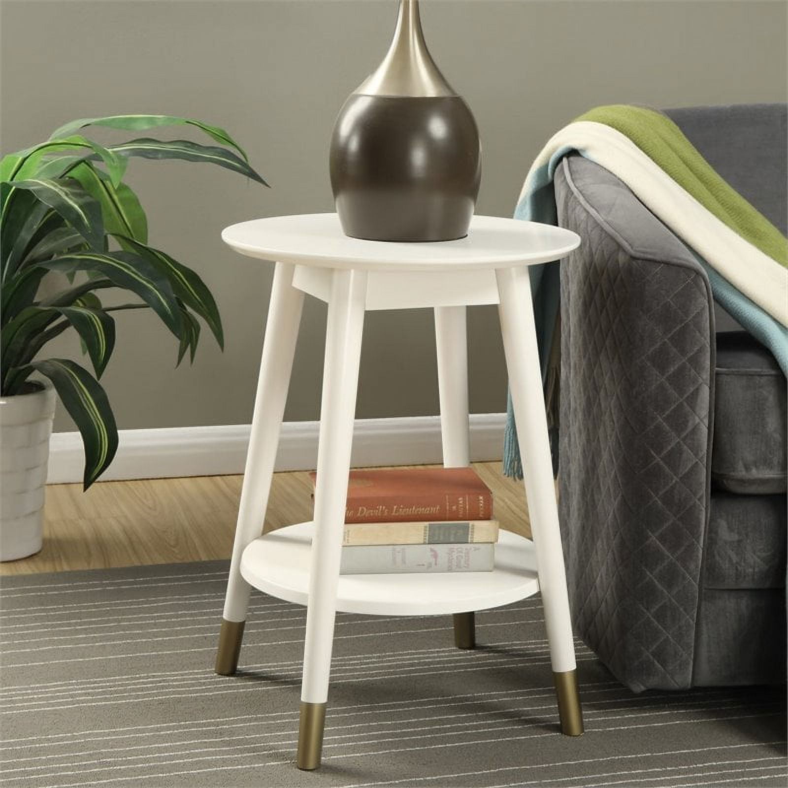 White Solid Rubberwood Round End Table with Bottom Shelf