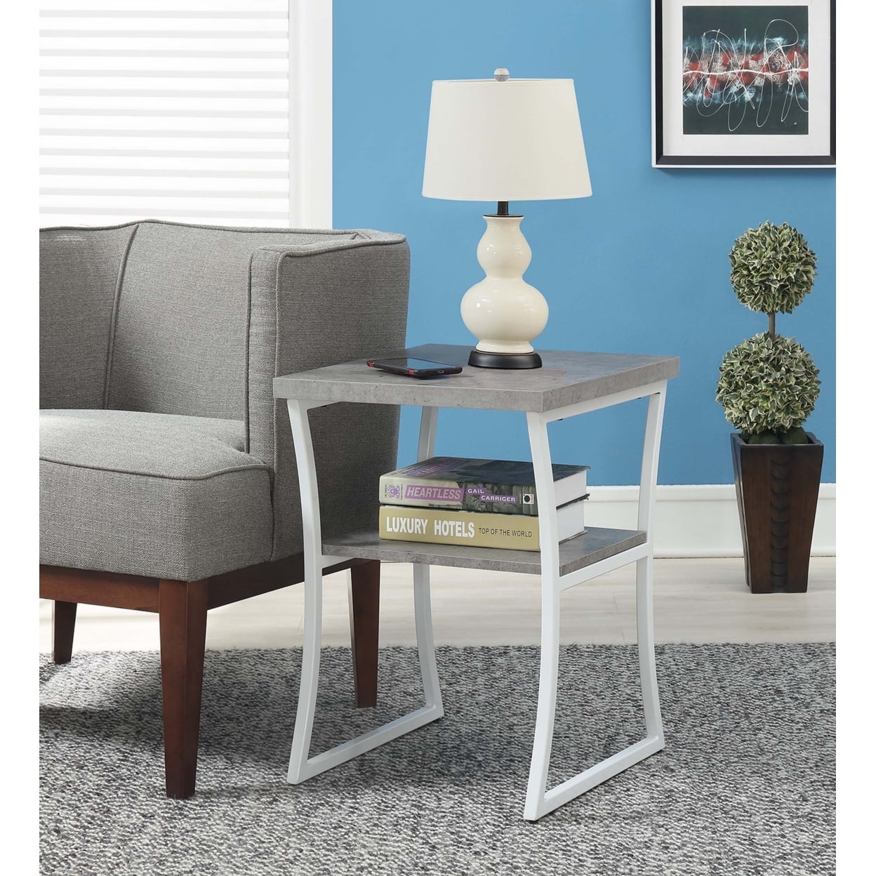 Gray Faux Birch Wood and White Metal Frame End Table