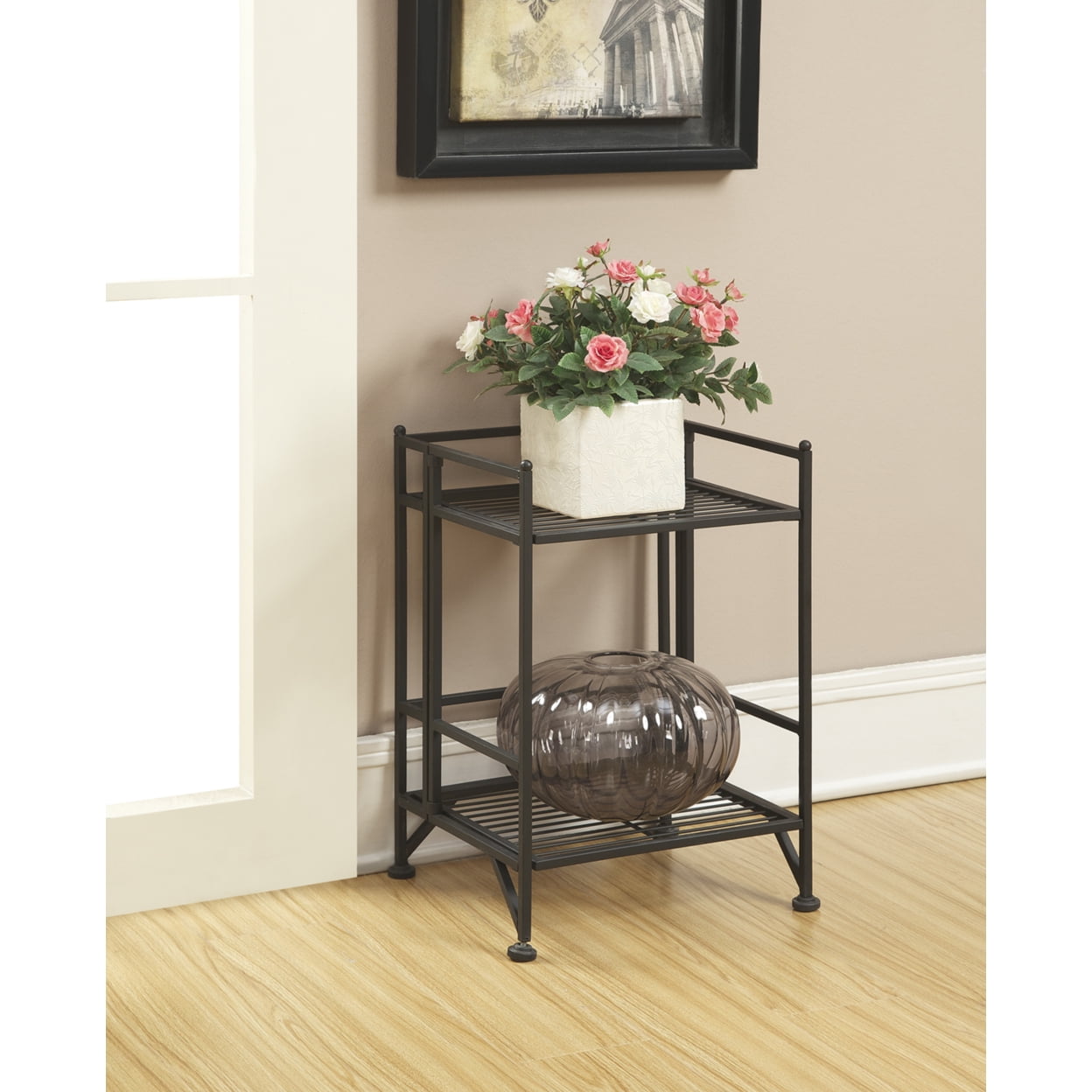 Adjustable Black 2-Tier Folding Metal Shelf