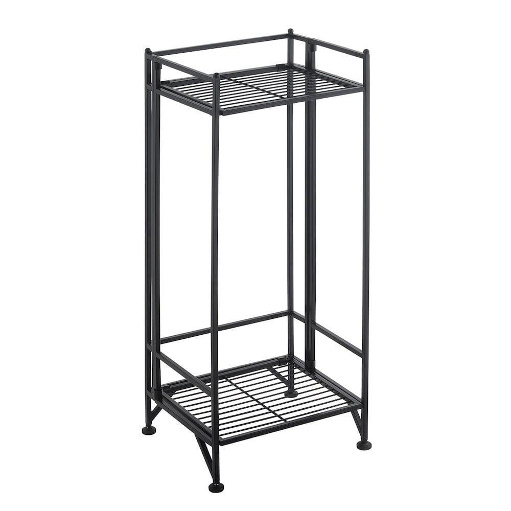 Black Powder-Coated Metal Tall Folding 2-Tier Plant Stand