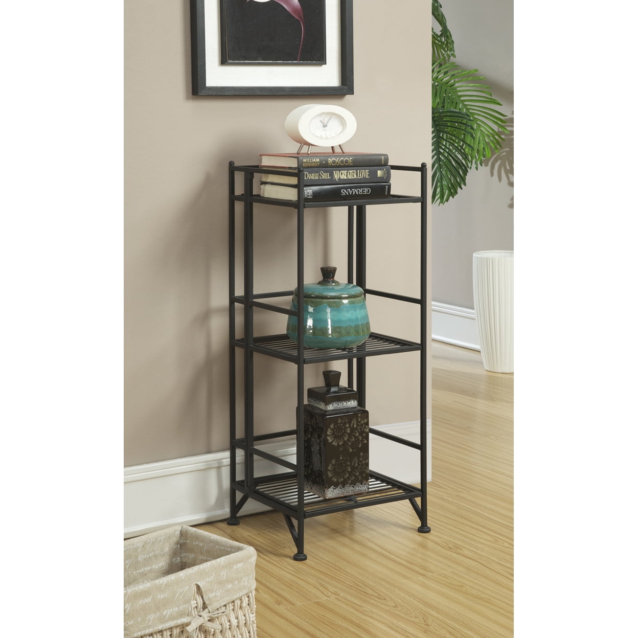 Black Adjustable 3-Tier Folding Metal Shelf