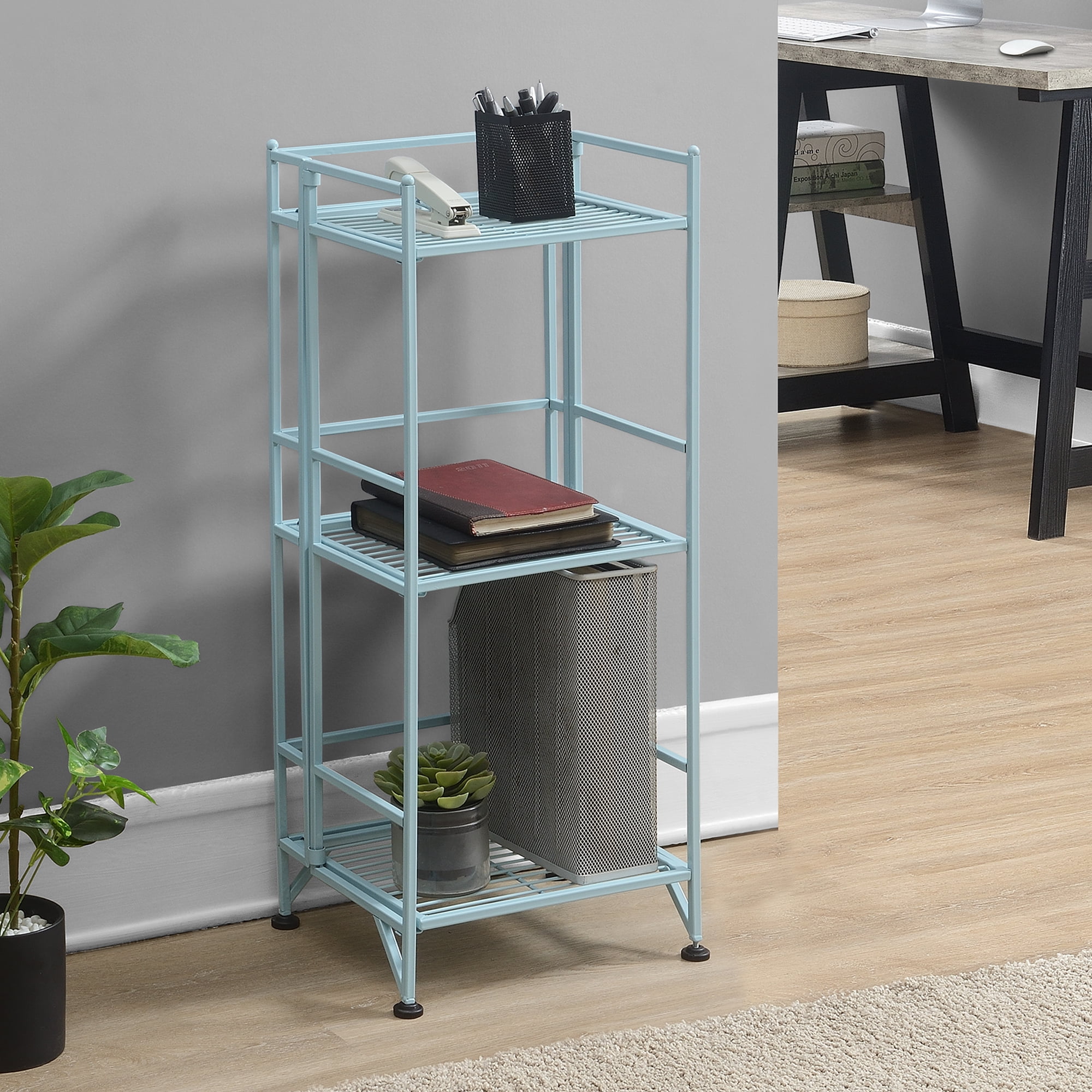 Sea Foam Blue Adjustable 3-Tier Folding Metal Shelf