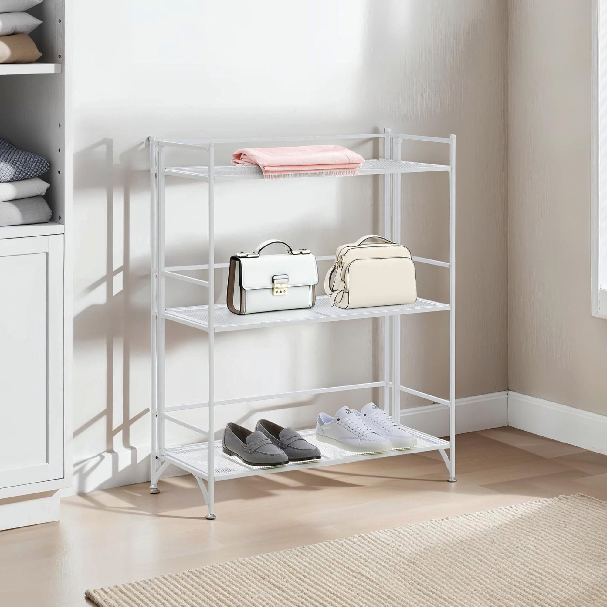 Convenience Concepts Xtra Storage 3 Tier Wide Folding Metal Mesh Shelf, White