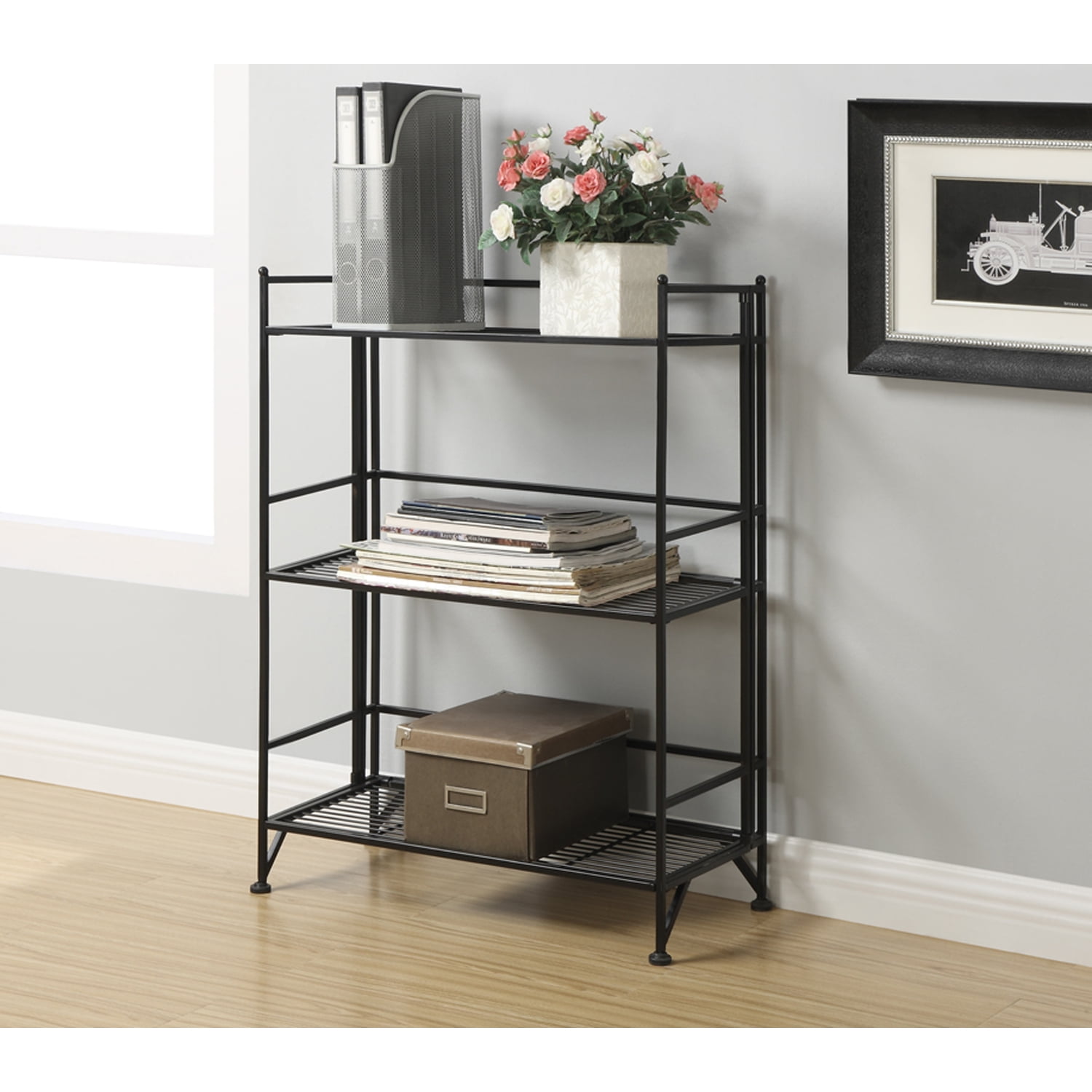 Modern 3-Tier Wide Foldable Black Metal Shelf