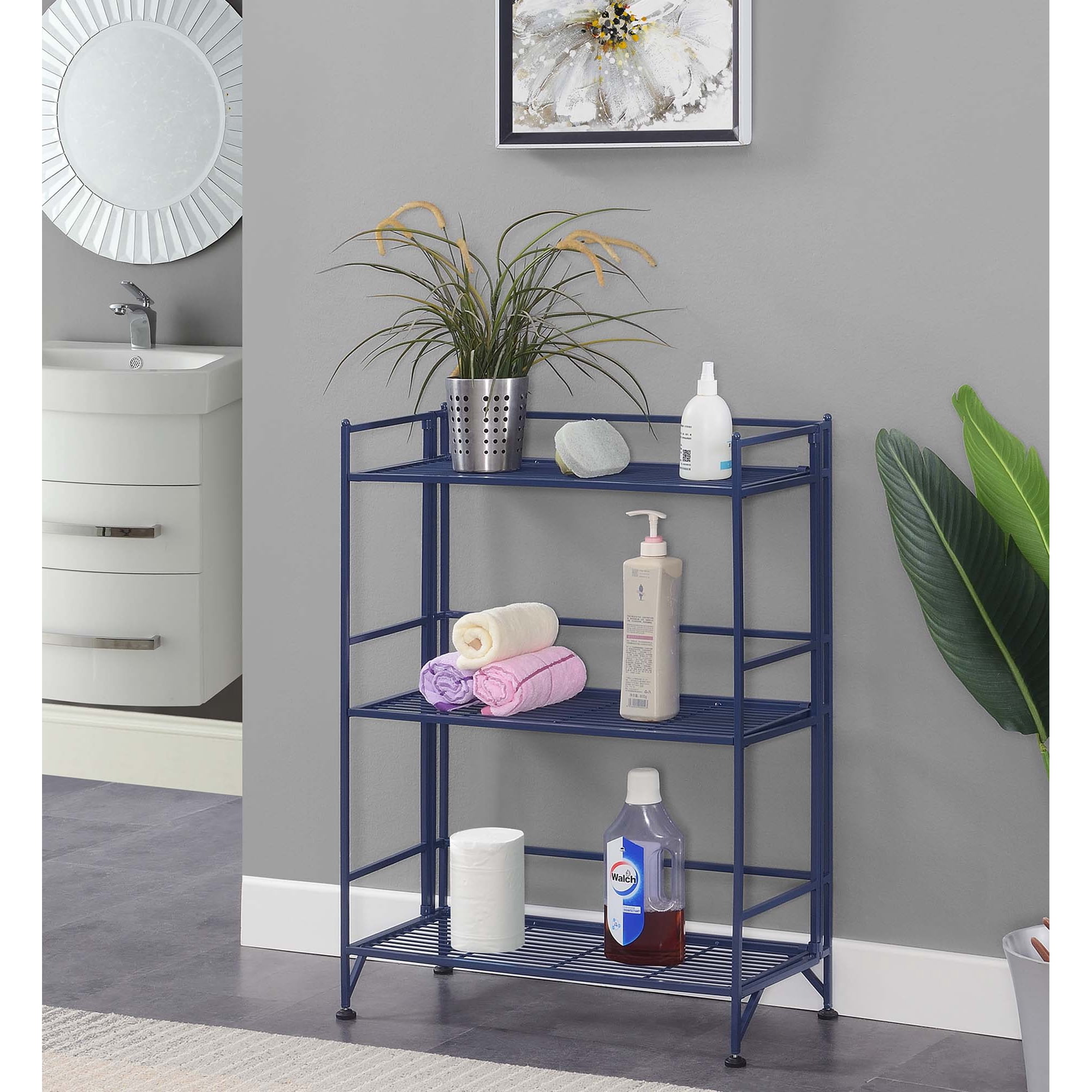 Convenience Concepts Xtra Storage 3 Tier Wide Folding Metal Shelf, Cobalt Blue