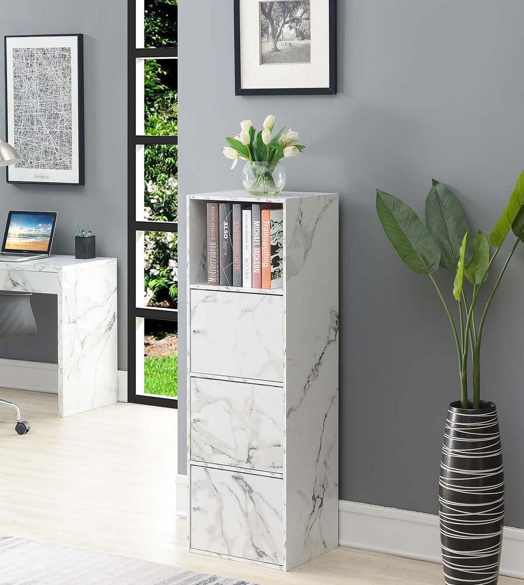 White Faux Marble 3-Door Office Storage Cabinet with Adjustable Shelving