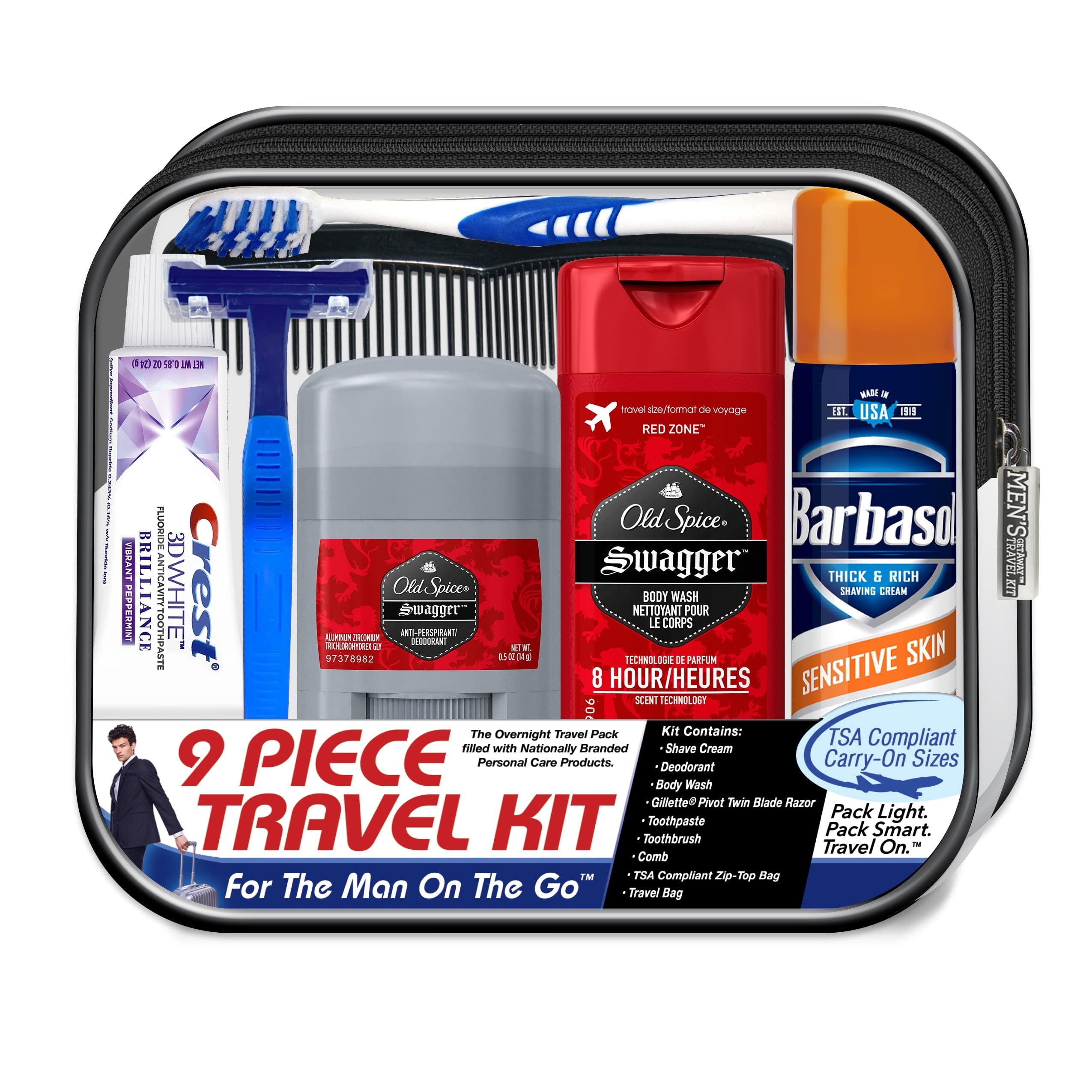Convenience Kits International Men's Deluxe, 9-Piece Kit with Travel Size TSA Compliant Essentials , Featuring: Old Spice Products in Reuseable Toiletry Bag C13