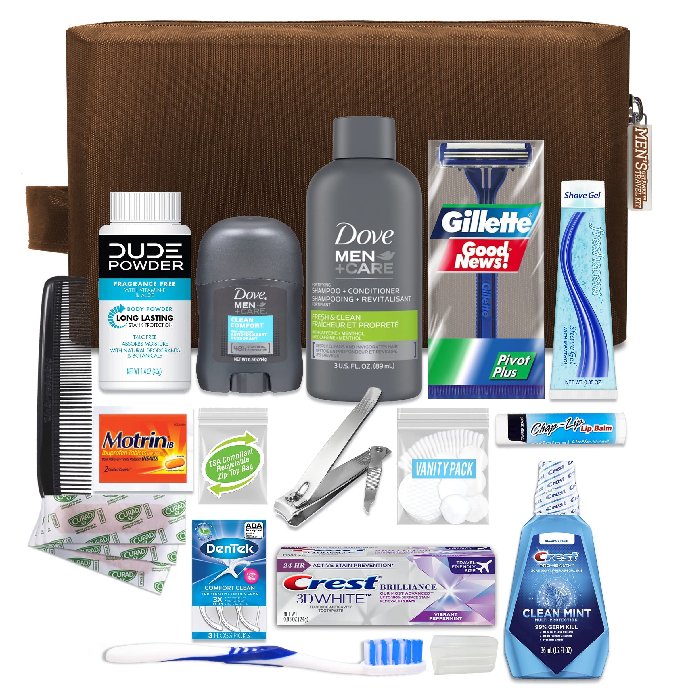 Convenience Kits International Mens Premium 20-Piece Kit with Travel Size TSA Compliant Essentials, Featuring: Dove Men & Care Products in Brown Dopp Bag