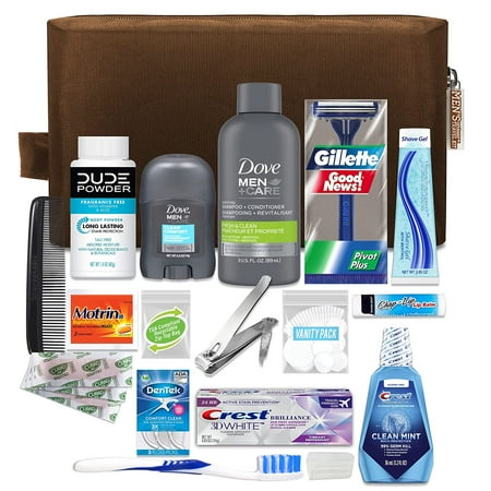 Convenience Kits International Men’s Premium 20-Piece Kit with Travel Size TSA Compliant Essentials Featuring: Dove Men & Care Products in Brown Dopp Bag