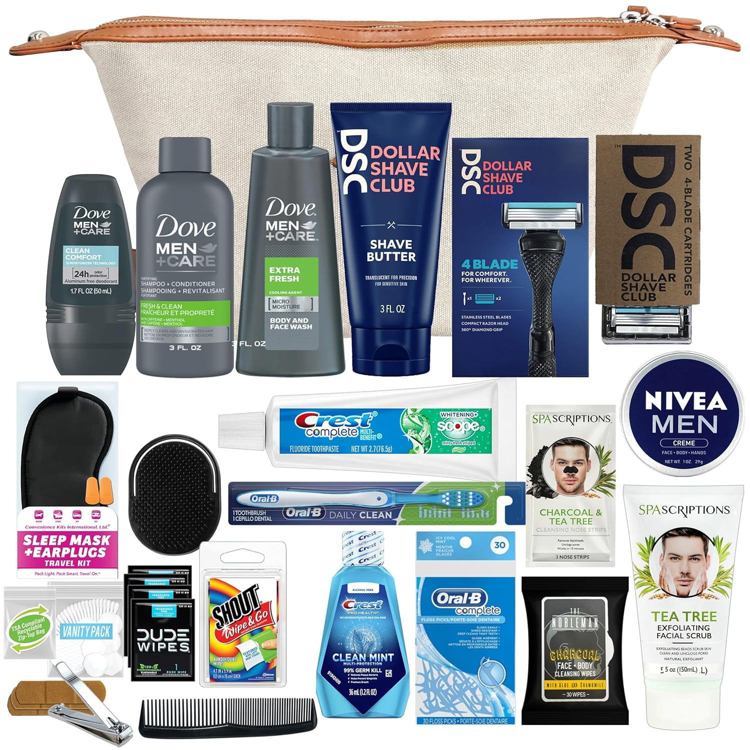 Convenience Kits International Mens Super Premium 35 PC Travel Kit Featuring: Travel-Size Hair Care Products Plus Face, Body, Oral Care, Travel Essentials in Large Ivory Canvas Toiletry Bag