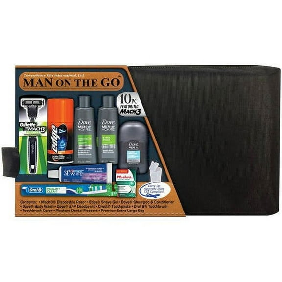Convenience Kits International Original Men's Premium 10 Piece Travel Kit, TSA Compliant, in Reusable Black ZipperedToiletry Bag w/ Handle Featuring: Mach 3 Disposable Razor