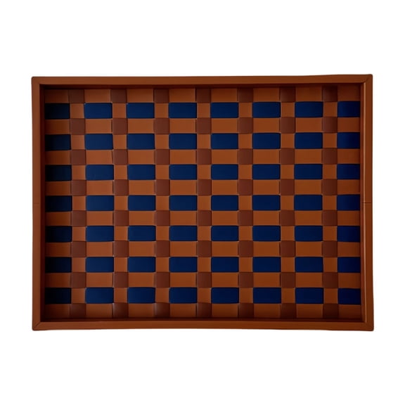 Convenient Blue Gold Brown Checkered Handwoven Saddles Leather Serving Tray Multipurpose Decorative Holder
