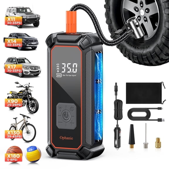 Ophanie Tire Inflator Portable Air Compressor, 9000mAh Battery Powered, 150PSI Dual Mode, Auto Air Pump for Car Tires, Motorcycle, Bicycle, Electric Pump with LED Light & Digital Pressure Gauge