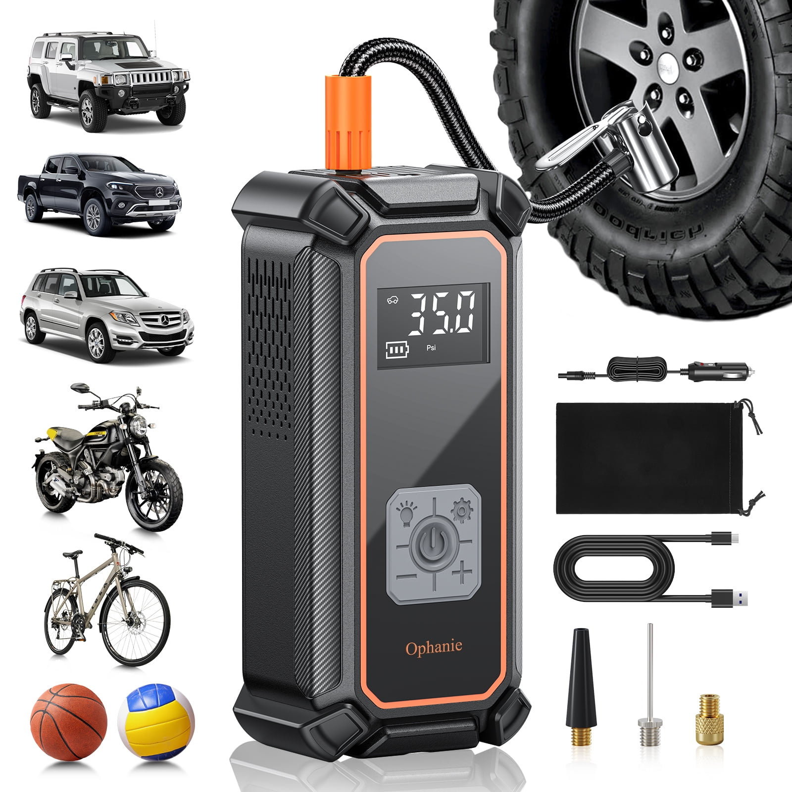 Ophanie Cordless Portable Tire Inflator - 160 Psi Digital Pressure Gauge, Air Compressor for Car Tires with Automatic Shutoff, Emergency LED Light, Compact Automotive Pump