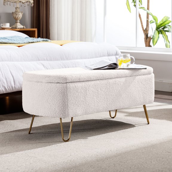 Convenient White Storage Bench With Faux Fur Upholstery For Bedroom Modern