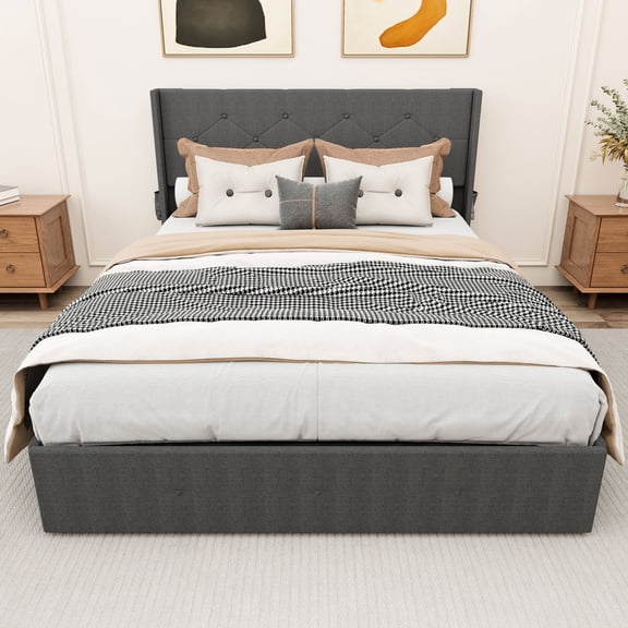 Convenient access & USB ports - Lift up storage queen bed frame for practical living