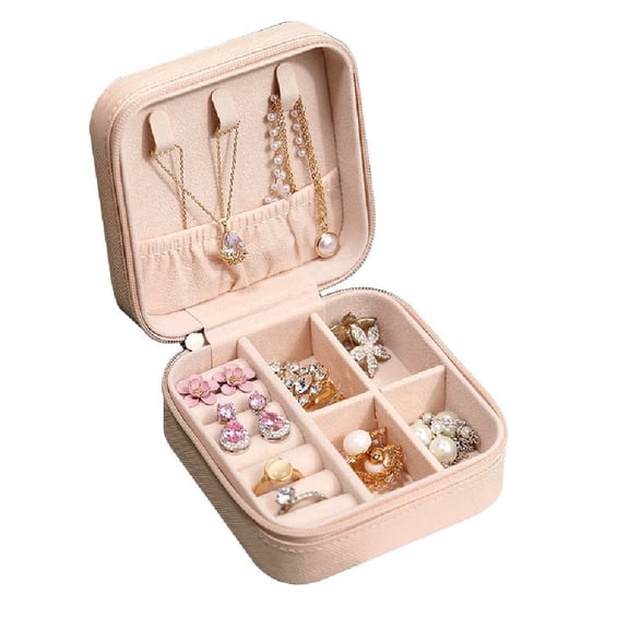 Convenient to carry mini travel jewelry box (pink), ladies' and girls' leather gift display jewelry box, earrings, rings, necklaces, jewelry storage