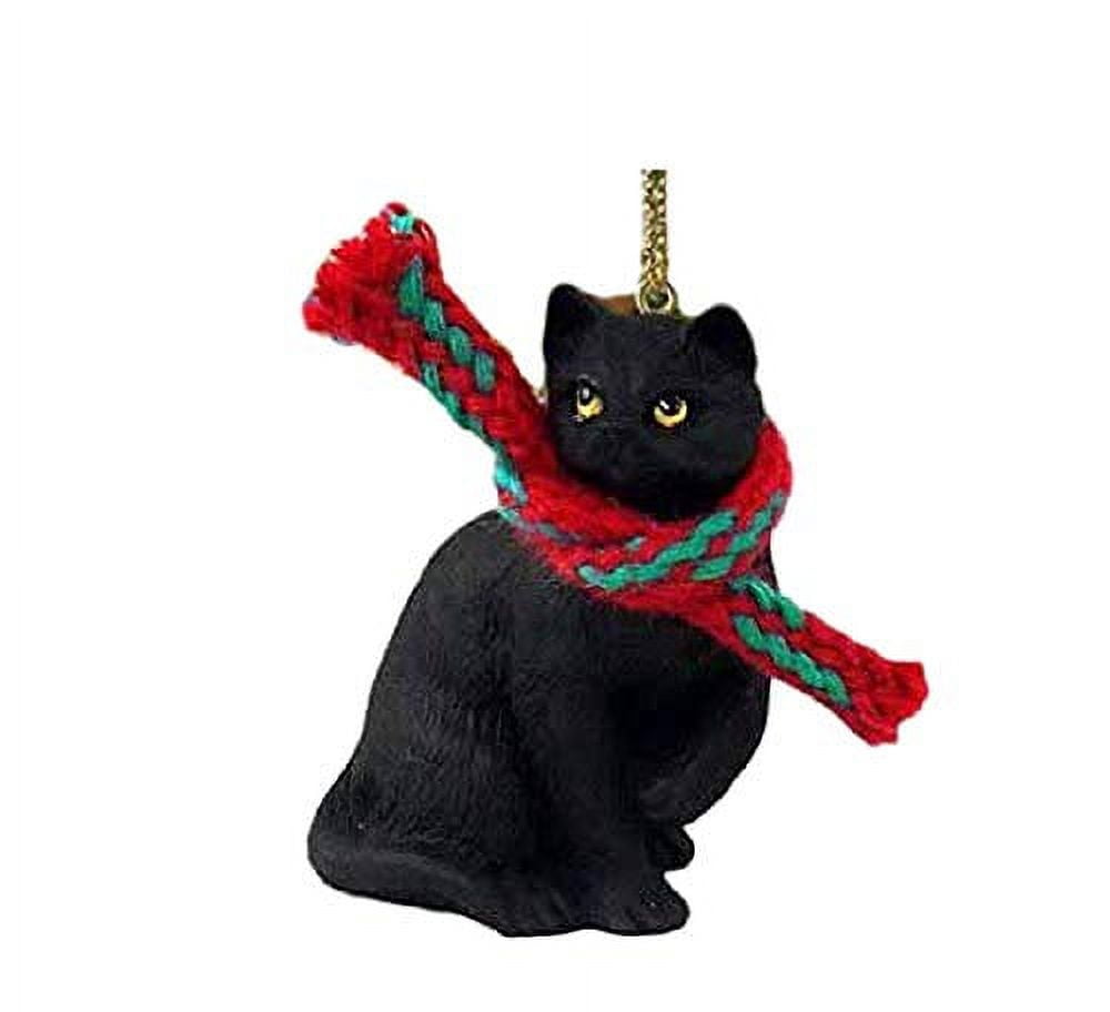 Black Cat Ornament with Red and Green Scarf