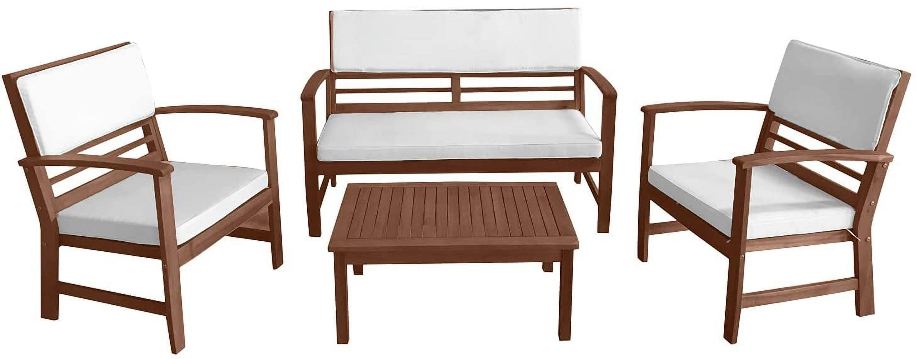 4-Piece Acacia Wood Outdoor Seating Set with White Cushions