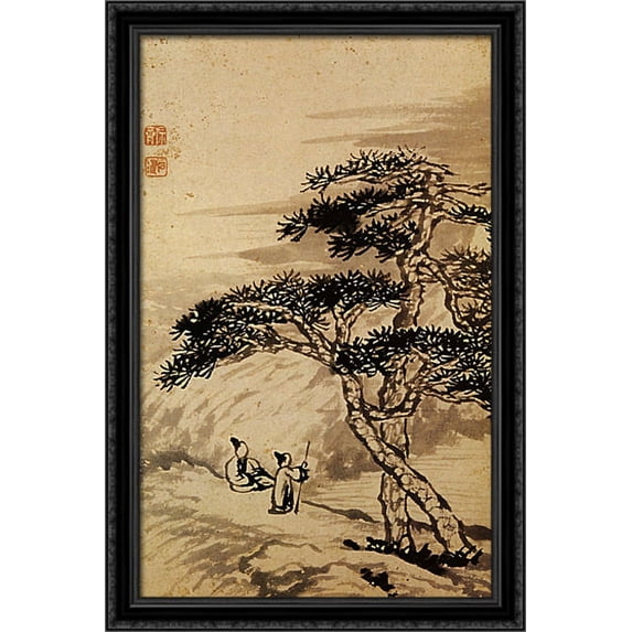 Conversation at the edge of the void 26x40 Large Black Ornate Wood Framed Canvas Art by Shitao