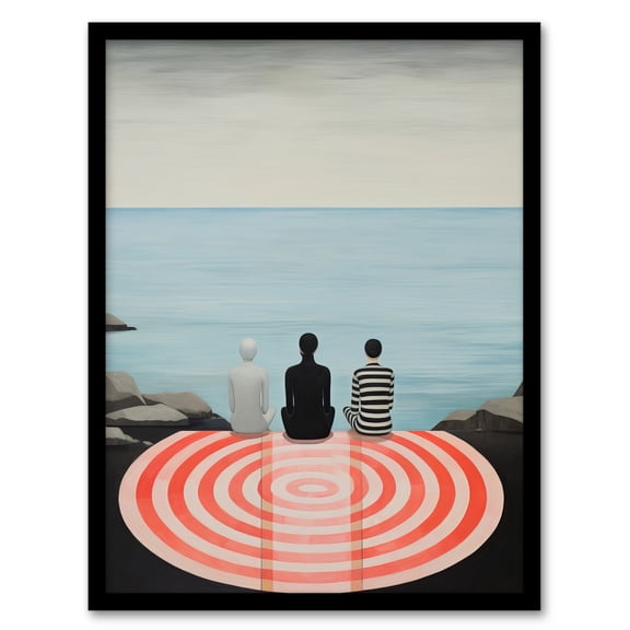 Conversations By The Sea Oil Painting Trio Waiting in Secret Coastal Landscape Conceptual Artwork Framed Wall Art Print A4