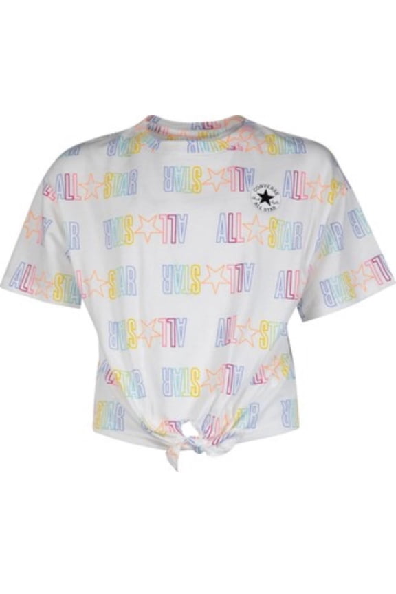 Girls Tie Front Logo Short Sleeve T-Shirt, Medium White Multi