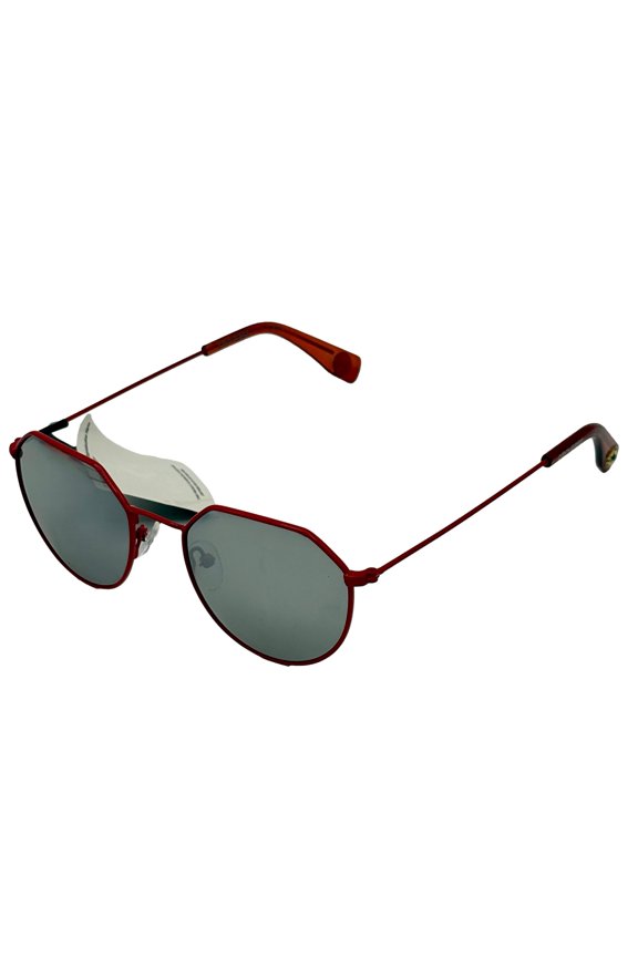 Mens Soft Round Red Metal Sunglass, Silver Flash Lens H117